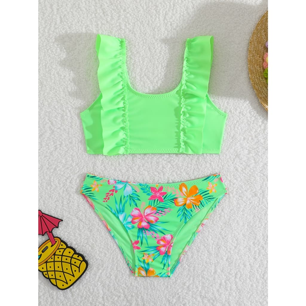HT VEST - CONJUNTO DE PRAIA INFANTIL FEMININO COM BABADINHO E CALCINHA COM ESTAMPA FLORAL - I3044