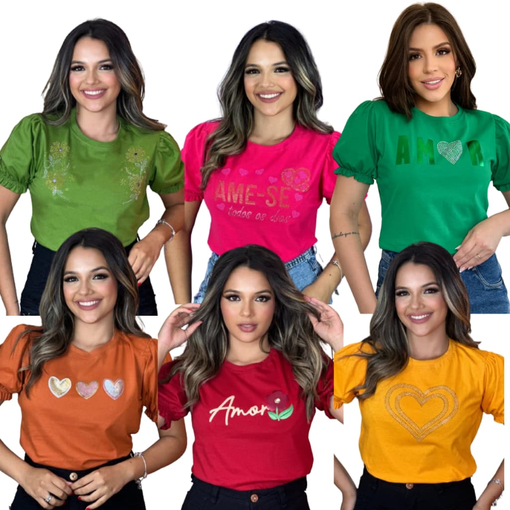 Blusa Kit Premium: 6 Camisa T-shirt Femininas com Manga Bufante Modelos Exclusivos em Algodão Fio 30