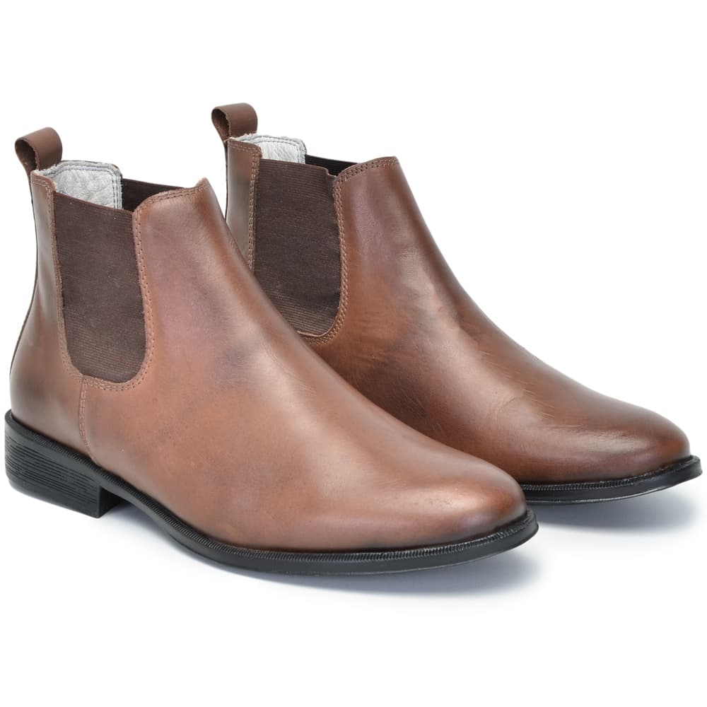 Bota Masculina em Couro Legítimo Forrada com Solado Borracha Costurado com Elástico Lateral Preto e Café Confortável