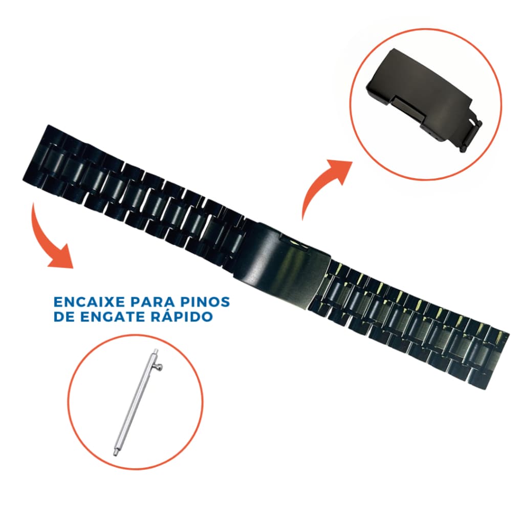 Pulseira de Relógio de Aço Preta Reta Maciça - Smartwatch - Relogio Masculino / Feminino - 18mm 20mm 22mm 24mm