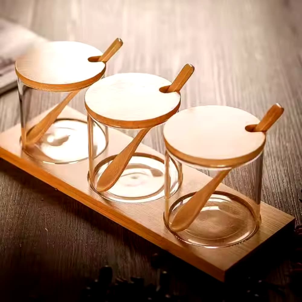 Kit Potes Porta Condimento De Vidro 350Ml Tampa Colher Base em Bambu Mesa Cozinha Utilidade
