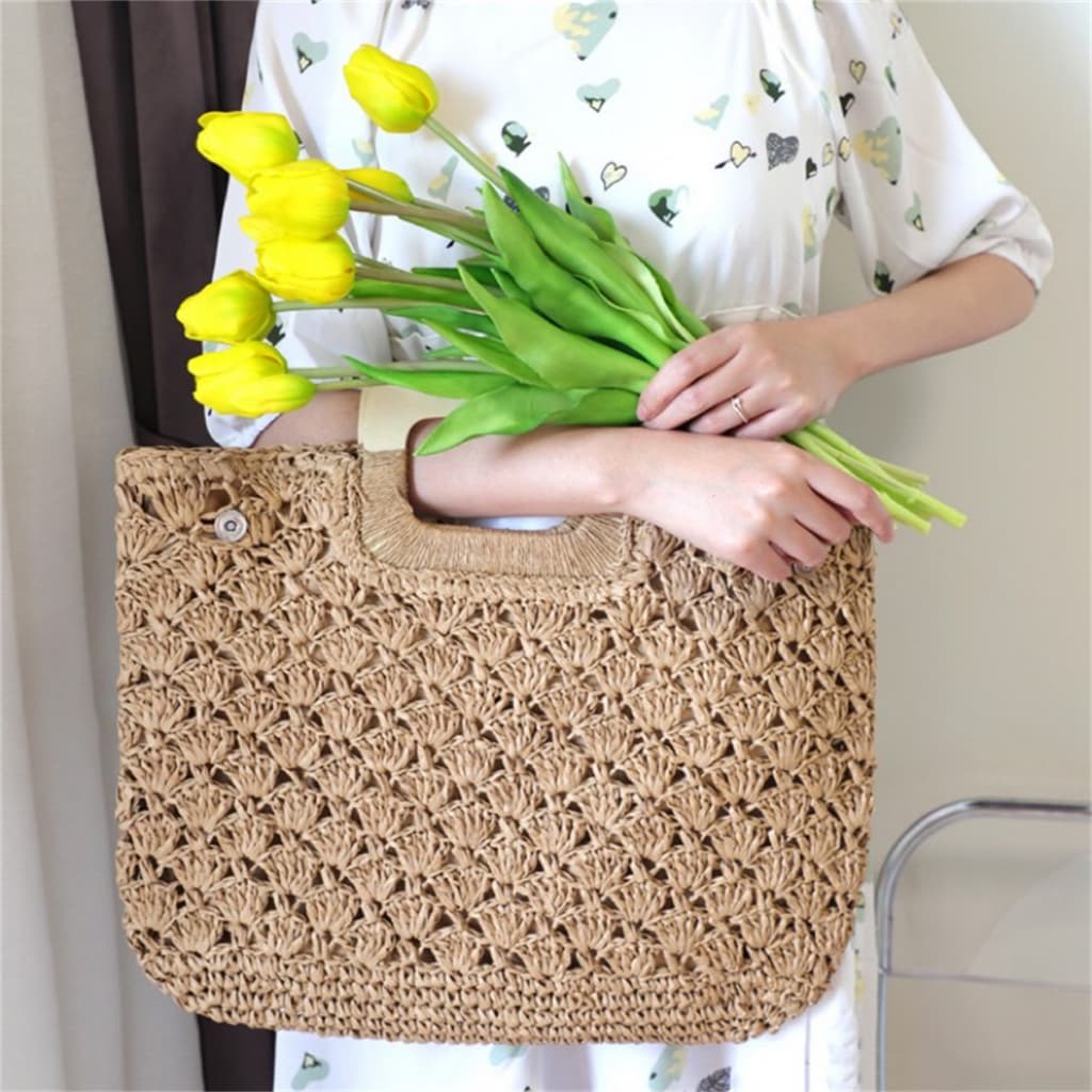 Juzia Bolsas Bolsa feminina de mão palha de praia trançado quadrada estampada 2 formas de uso alça de mão de madeira