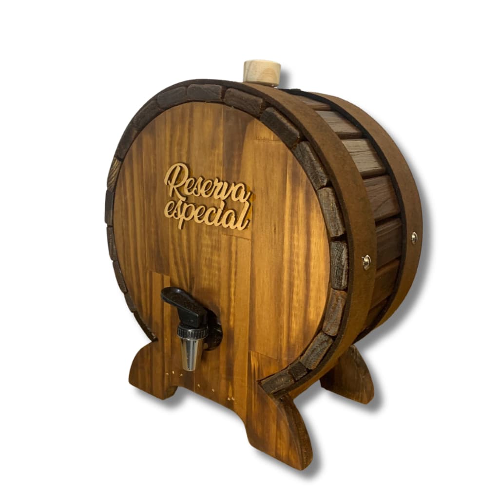 Barril Redondo 1L c/ pé Bebidas Copinho Dose Rústico Bar Cozinha Madeira Dispensador