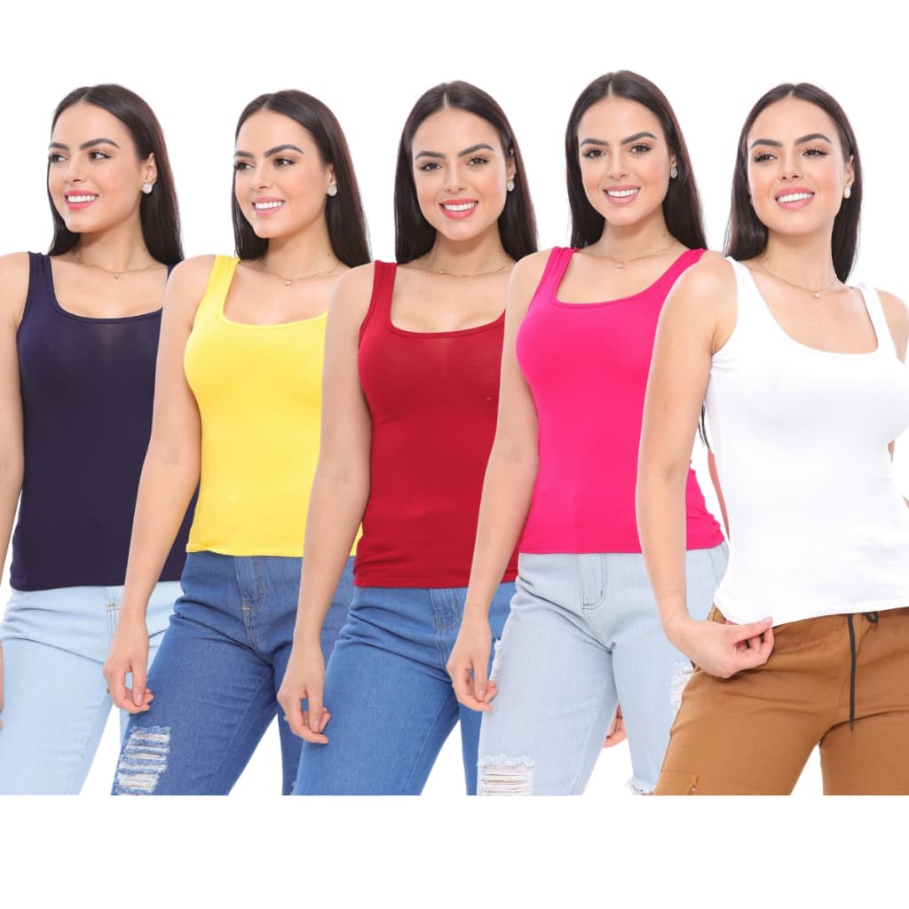 KIT 5 Regata Alça Larga Feminina Viscose Com Elastano Regatinha Basica top