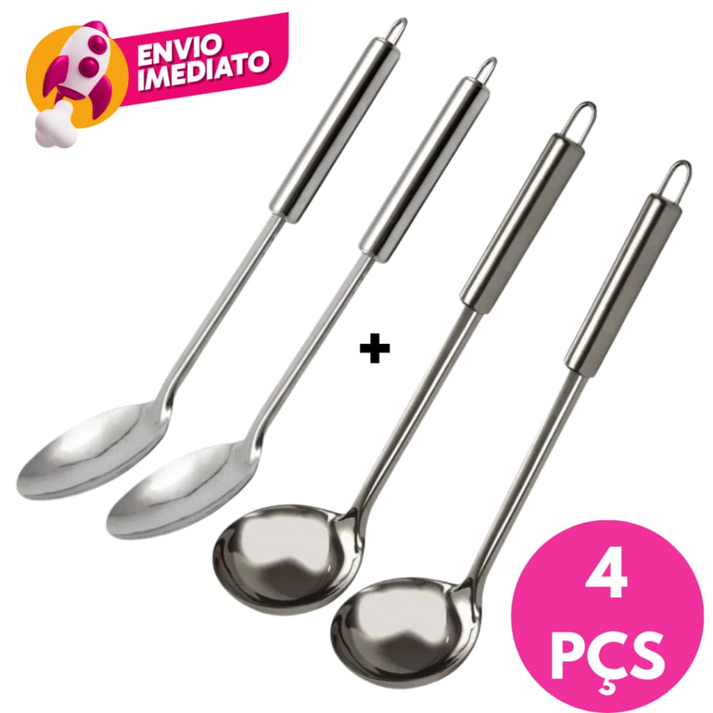 Kit 04 Pç Colher Arroz  E Concha Feijão Servir Caldo Molho Utensílio Cozinha Inox Bar Restaurante