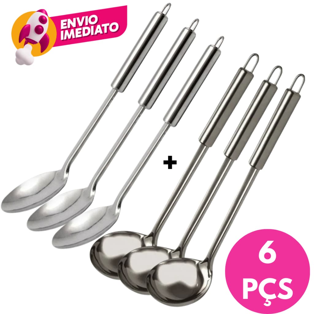 06 Pç Colher Arroz  E Concha Feijão Caldo Molho Utensílio Servir Cozinha Inox Bar Restaurante