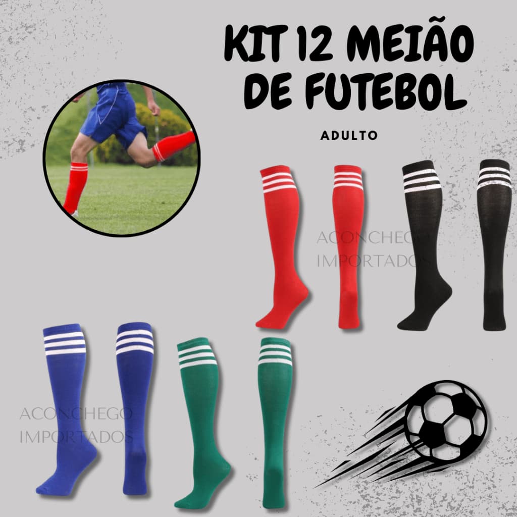 Kit 12 Pares de Meião de Futebol Adulto Com Listras Esportivo Futsal Futebol