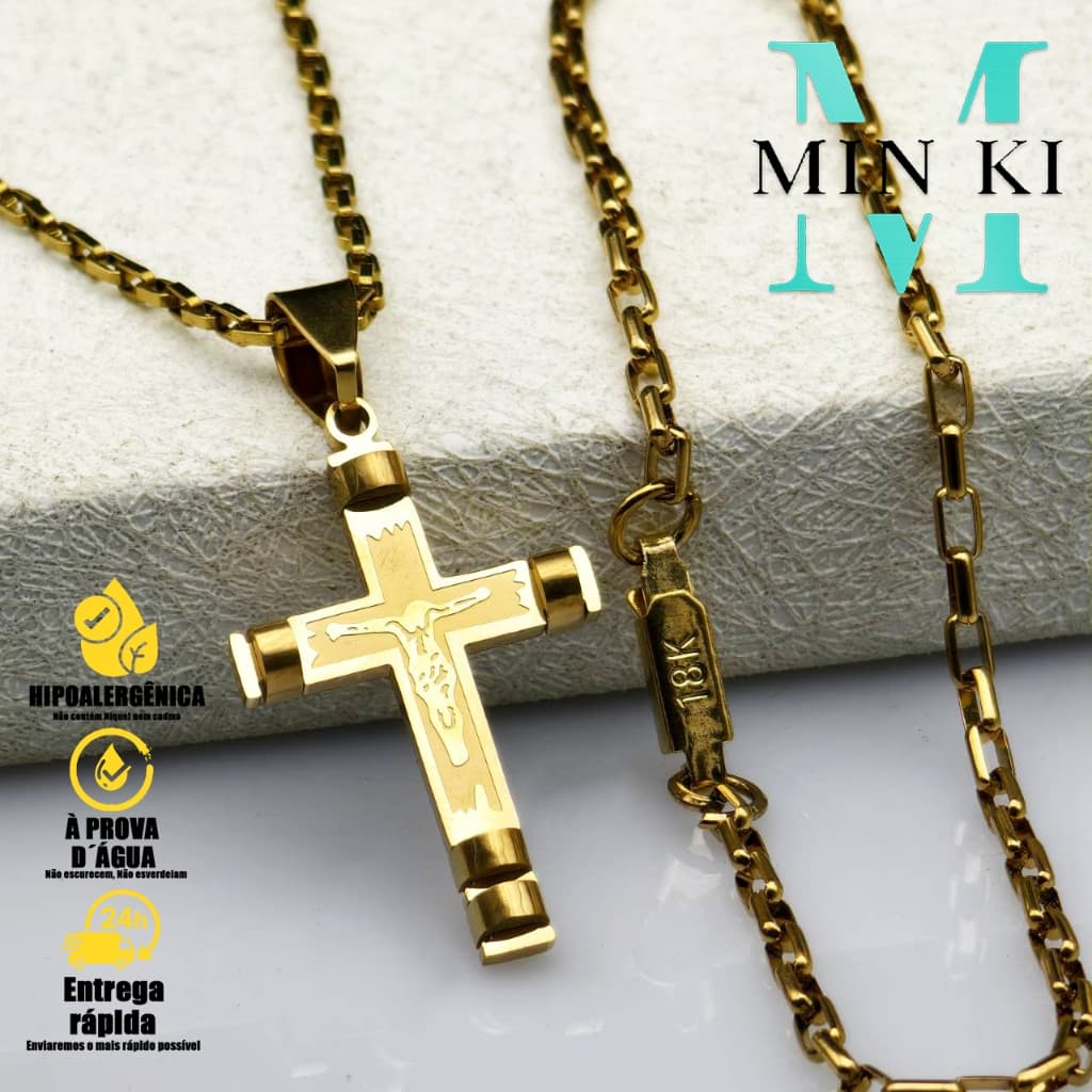 Kit Corrente Pulseira e Pingente homens mulheres Cruz Banhado a Ouro 18K com Detalhe em Moeda Antiga