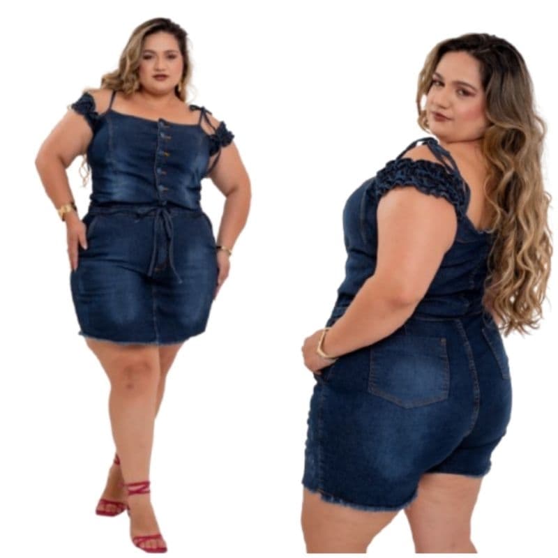 Macacão Short Saía Jeans Feminino Plus Size Ciganinha Básico Lycra