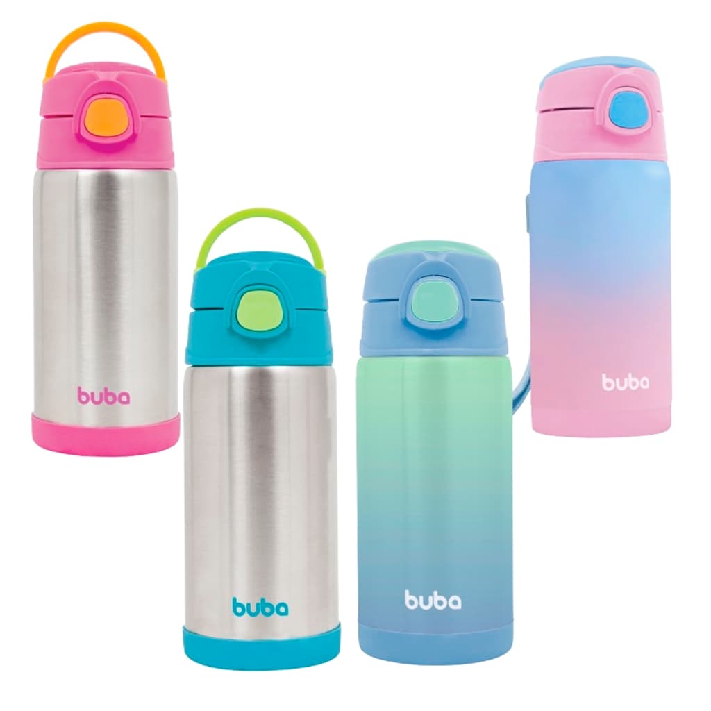 Garrafa Térmica infantil Parede Dupla, Buba, Rosa, Azul, 400 ml Com Canudo de Silicone e trava