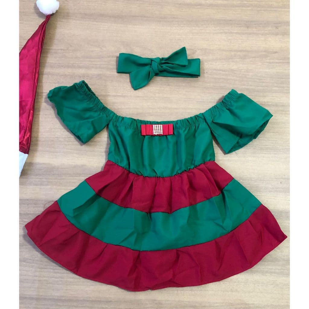 Vestido Noite de Natal Bebezinha Mamãe Noel Bebê Menina Vestido Natalino Vermelho com Verde para Bebês Romper Natal