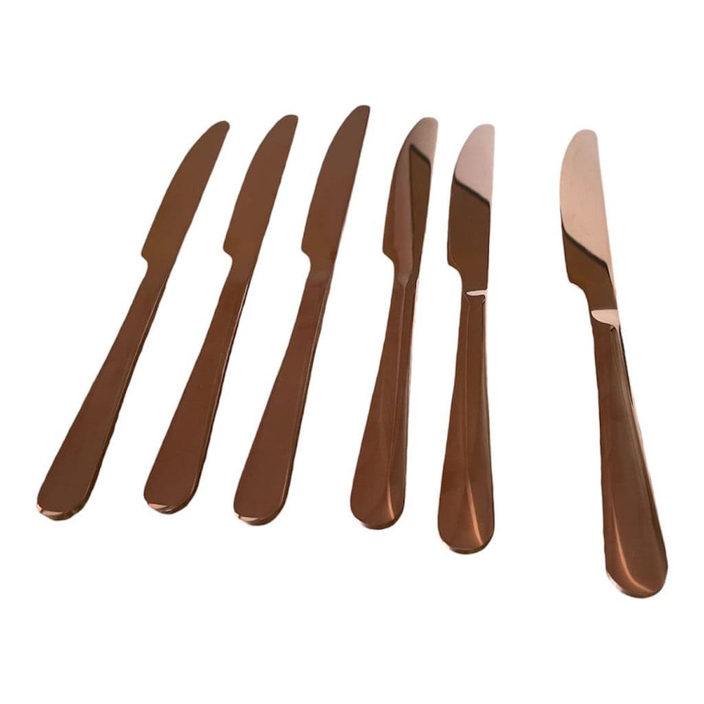 Kit Conjunto com 6 talheres: facas sem ponta com serra para pão, manteiga e patê, Rose Gold, Dourada