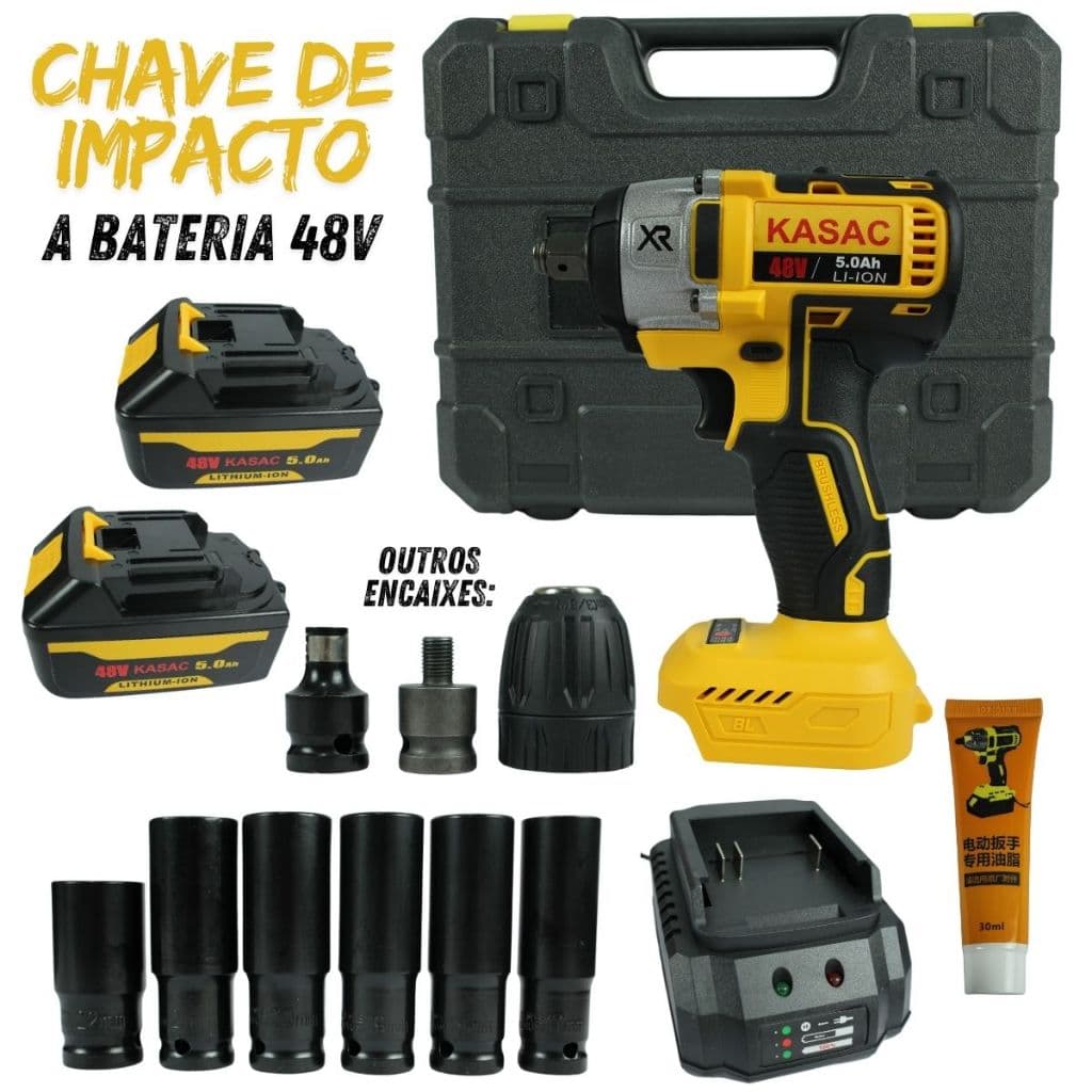 CHAVE DE IMPACTO BRUSHLESS A BATERIA 48V 5000AH COM KIT DE PEÇAS E MALETA PARA OFICINA