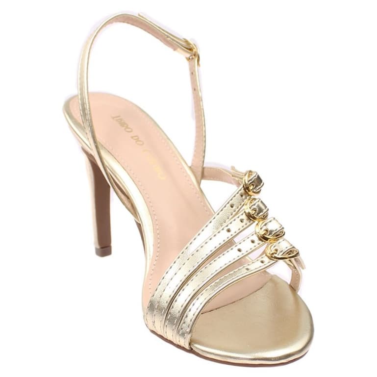 Sandália Feminina Estilo Tamanco Tira Atrás SlingBack Fivelas Salto Fino 9cm Dourada Ouro Macia