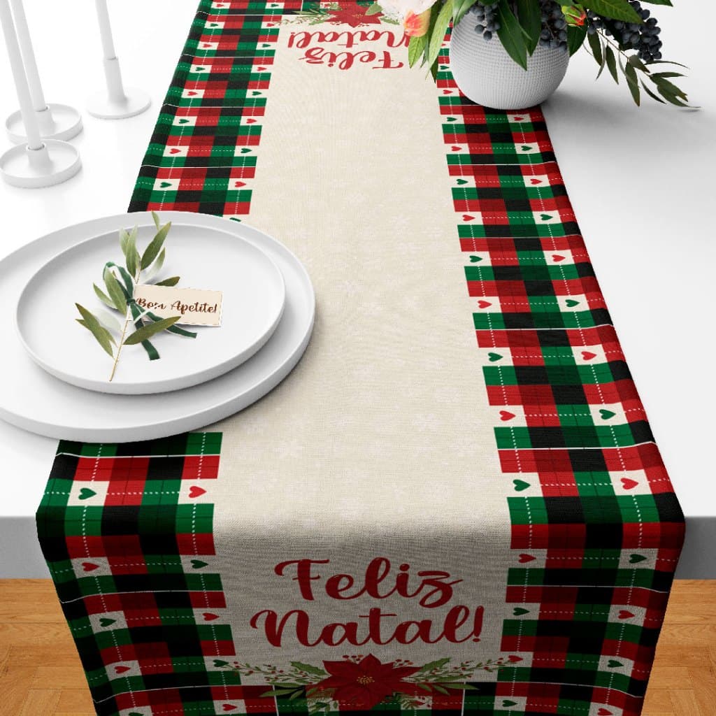 Trilho Caminho de Mesa Natalino Exclusivo de Natal Tamanho 110X35cm Feliz Natal