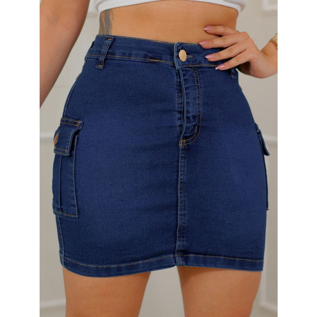 Saia jeans feminina cintura alta bolsos cargo
