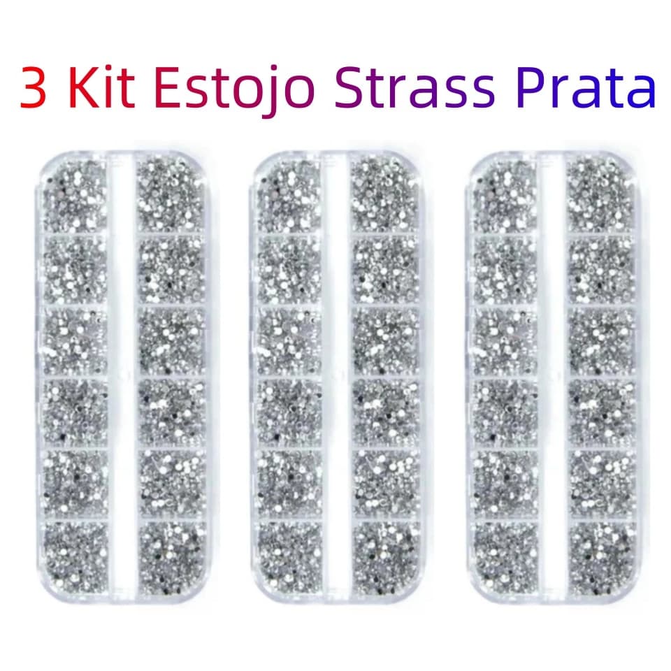 3 Kit Estojo Strass Prata Para Nail Art e Maquiagem