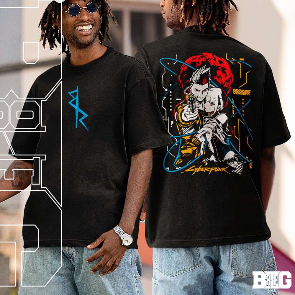 Camiseta Basica e OVERSIZED Cyberpunk 2077 David e Lucy Teen Manga Game Unissex