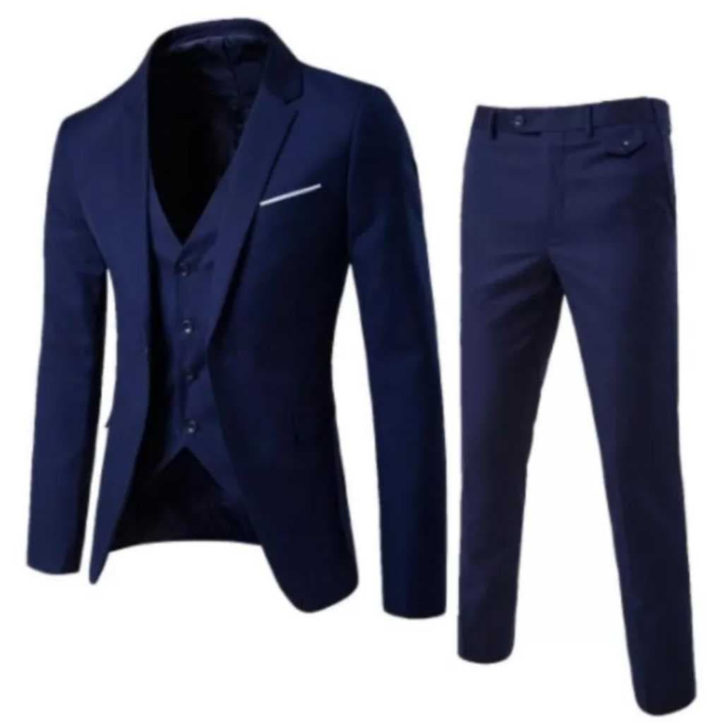 Terno Masculino Oxford Euro Gra Completo Azul Marinho Grosso - Gramatura 180'  (Paleto+calça+colete) Gravata de Brinde