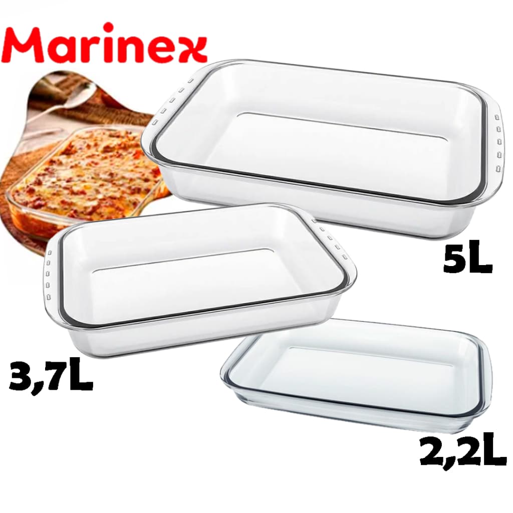 Assadeiras Lasanheira Vidro Marinex Retangular Grande 2,2L+3,7L+5L Kit Travessa de Vidro Temperado
