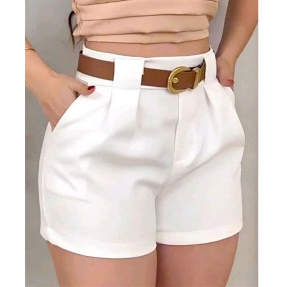 Shorts Alfaiataria Feminino com Cinto com Bolso Cintura Alta Social Promoção
