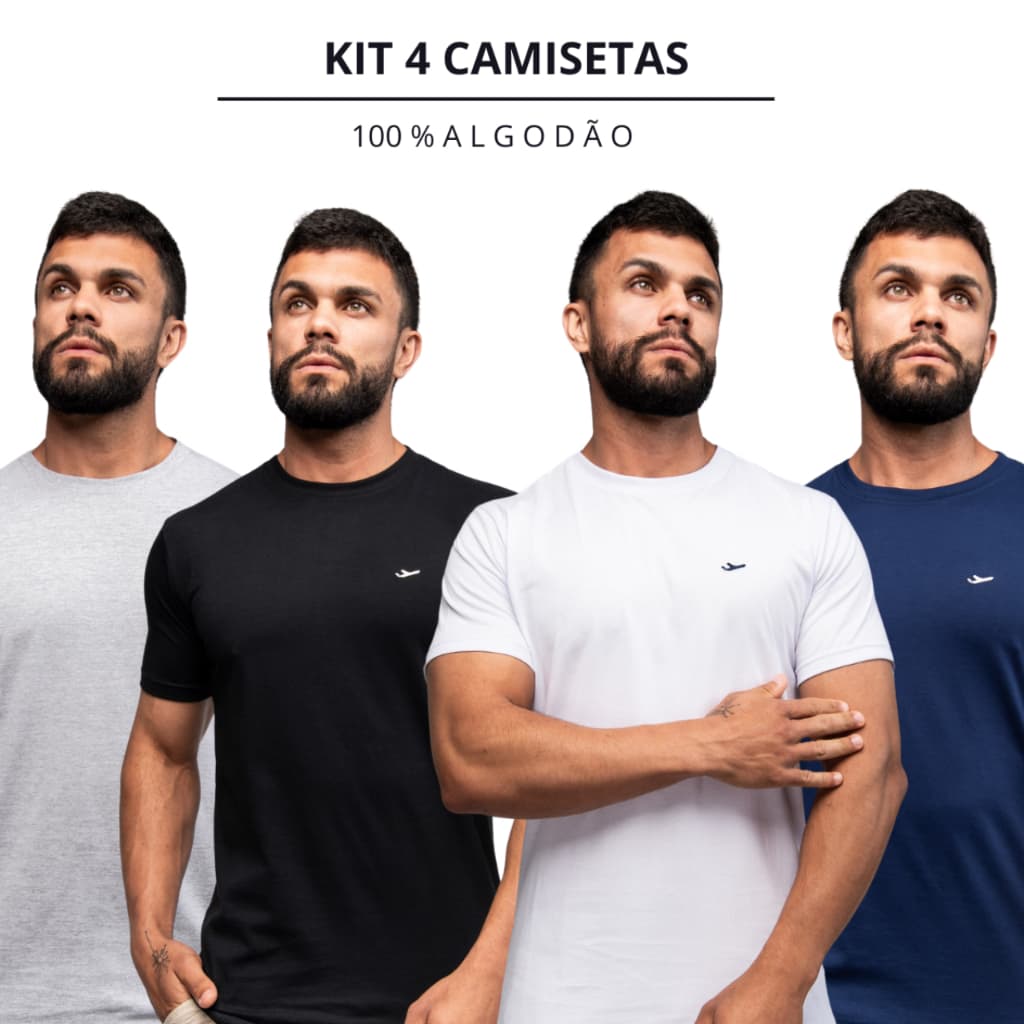 Kit 4 Camisetas Básica Masculina  - 100% algodão - Modelagem Slim Fit