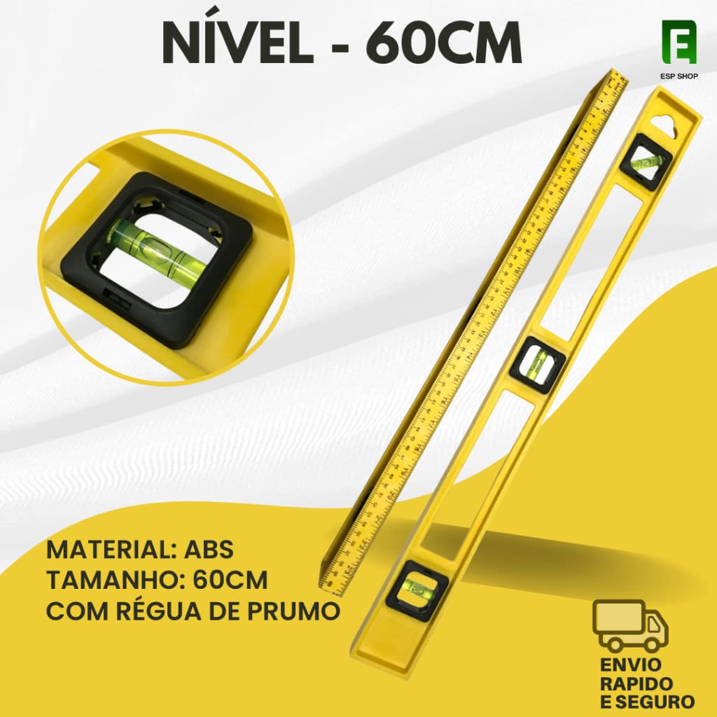 Nível Pedreiro Profissional 60cm Abs Resistente 3 bolhas régua de prumo