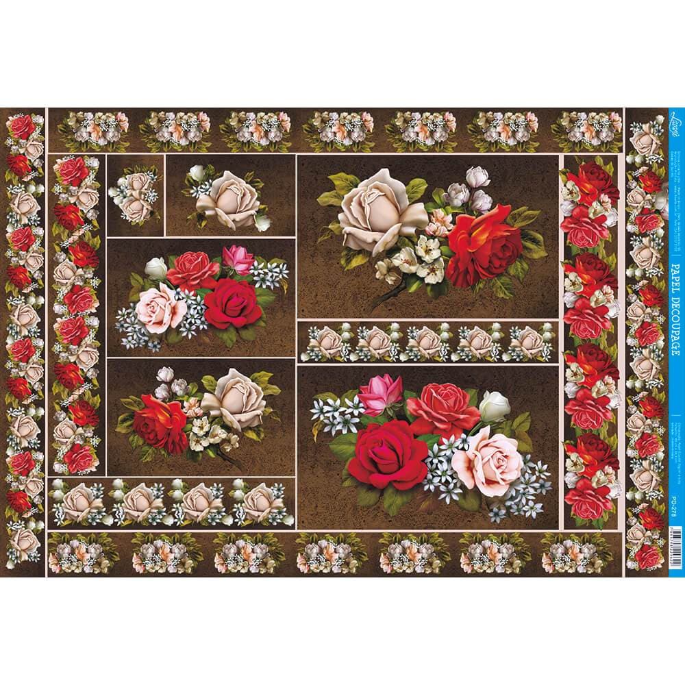 Papel Decoupage Grande 34,3x49 artesanato decoração Rosas Fundo Marrom PD 278 Litoarte