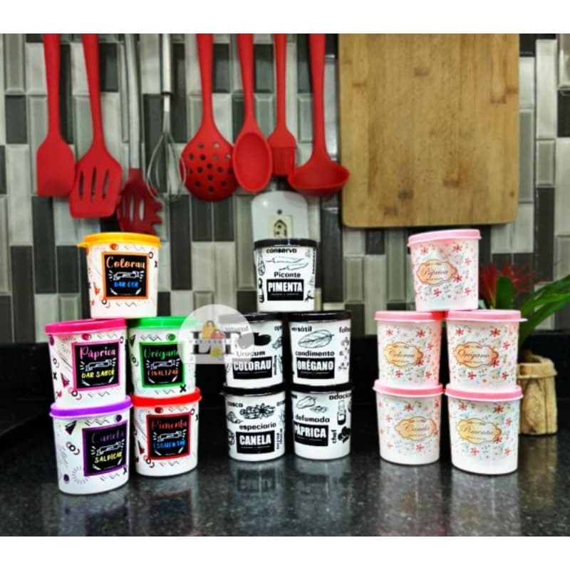 Kit 5 Porta Tempero Decorado com Tampas Mini Potes Coloridos Multiuso Organizador Alimentos Cozinha