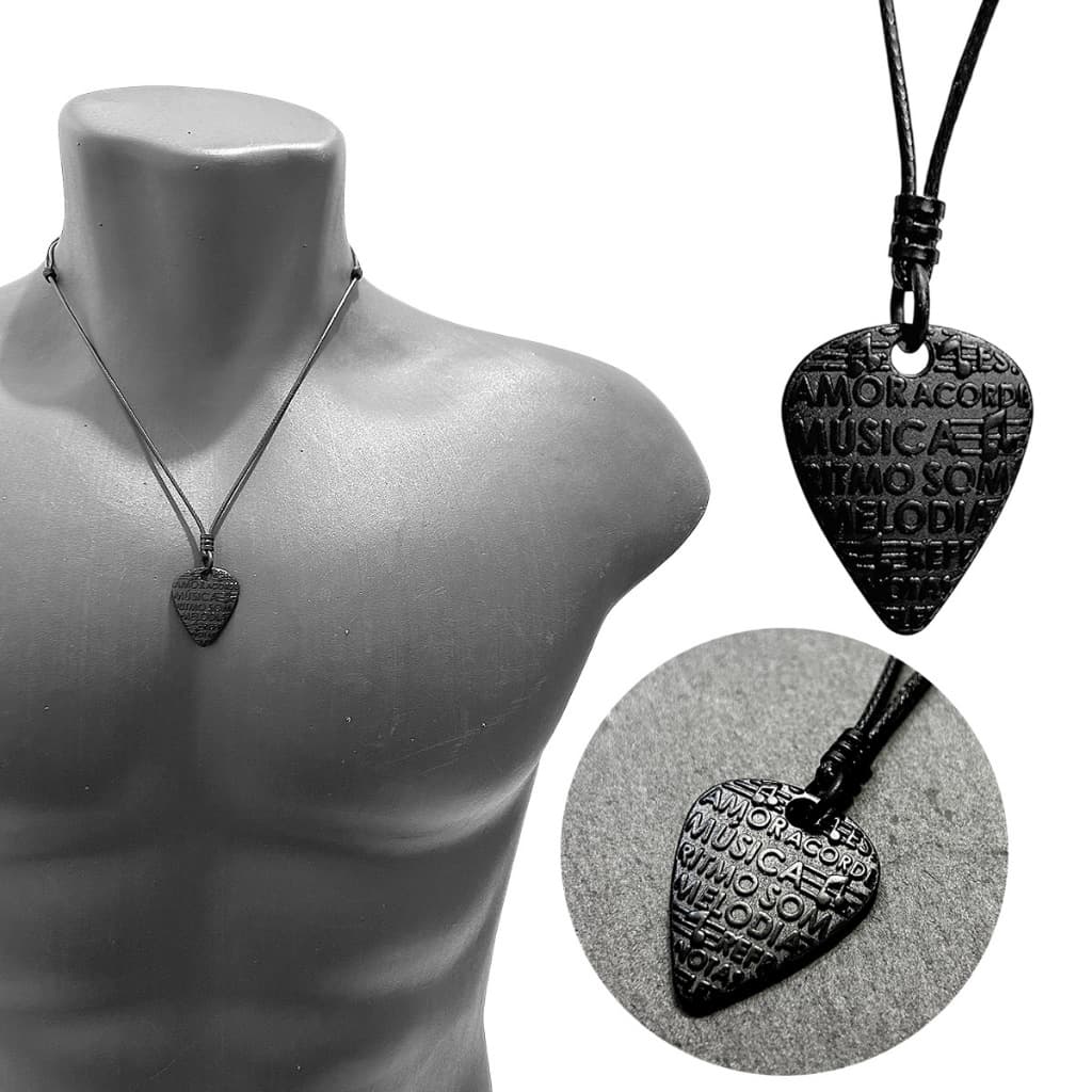 Colar Cordão Corrente Masculina Fio Encerado Palheta Guitarra Violão Black de Aço