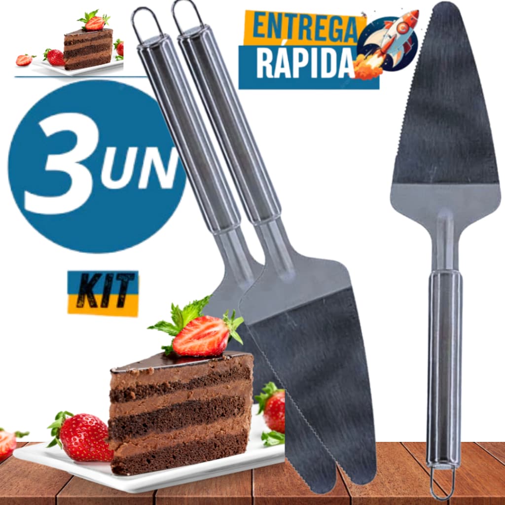Kit 3 Espátula para Cortar Bolo Torta e Pães 100% Aço Inox Multiuso Universal 28Cm Casa Cozinha