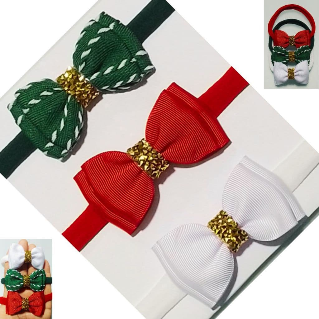 Kit 3 Laços Natal festa com Strass Dourado na Meia de Seda