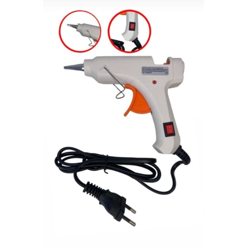 Pistola De Cola Quente Bivolt Bico Fino, Botão Liga e Desliga 20w + 4 Bastões De Cola + Brinde