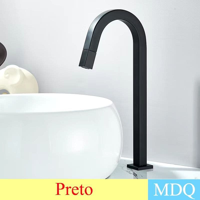 Torneira Bica Alta Luxuosa Cromado Preto Para Pia De Banheiro Metal Água Fria 15088