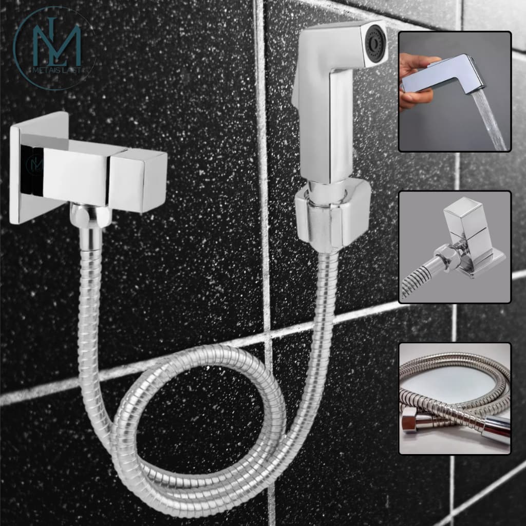 Ducha Higiênica Quadrada Em Metal Completa 1/4 Acabamento Cromado