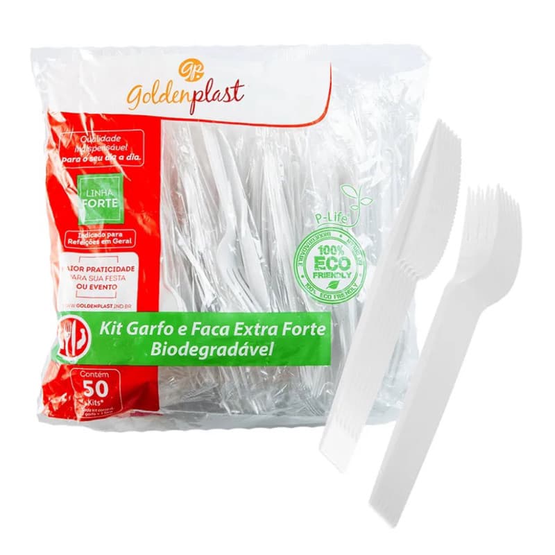 50 Kits Garfo e Faca Descartável Branco - Embalado Individualmente.