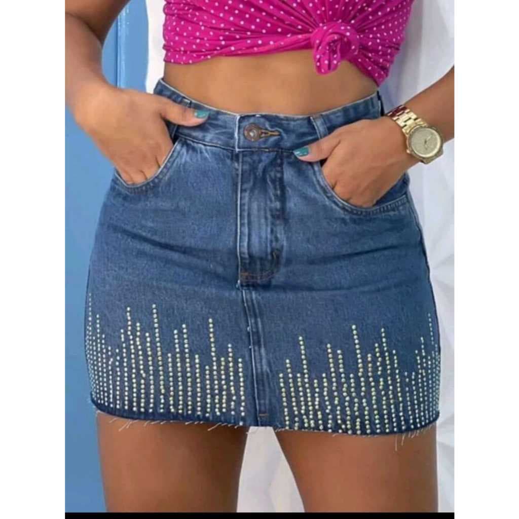 Mini Saia Jeans Brilho Feminina Com Strass