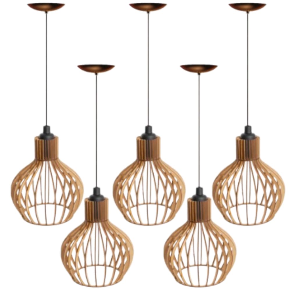 05 Luminárias Pendente Lustre De Madeira Modelo Rustico Vintage Retro Cru - 5ppc/sf
