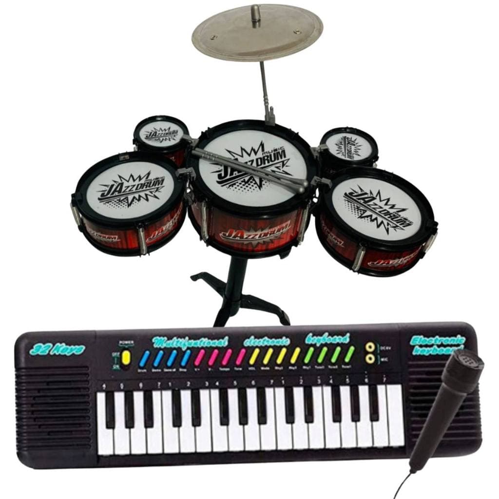 Kit Bateria Infantil Teclado Brinquedo Musical Microfone