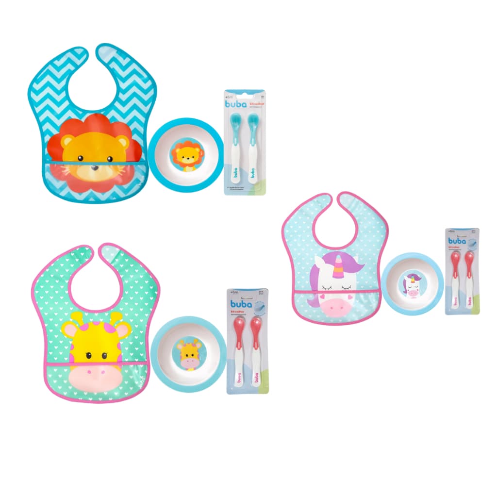 Kit Introdução Alimentar Buba Prato Bowl Bebê Babador Impermeável 2 colheres termossensíveis - Kit  Refeição Buba