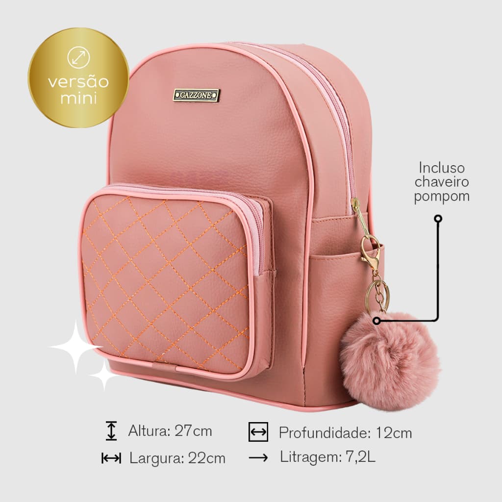 Mini Mochila De Couro Sintético Feminina Bolsa De Costas Reforçada Com Chaveirinho Pompom