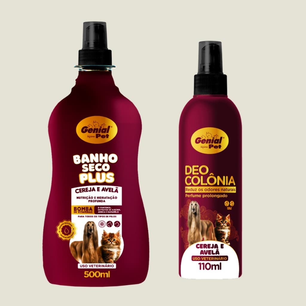 Kit Banho a Seco Perfumado e Perfume Deo Colonia Cereja e Avelã Para Cachorro e Gato