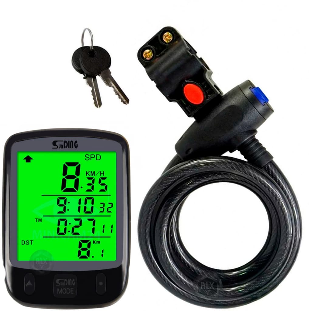 Velocímetro Resistente à água Bike + Com Cadence Ciclismo Computador SunDING + Trava Cabo De Aço Cadeado Segurança Bike