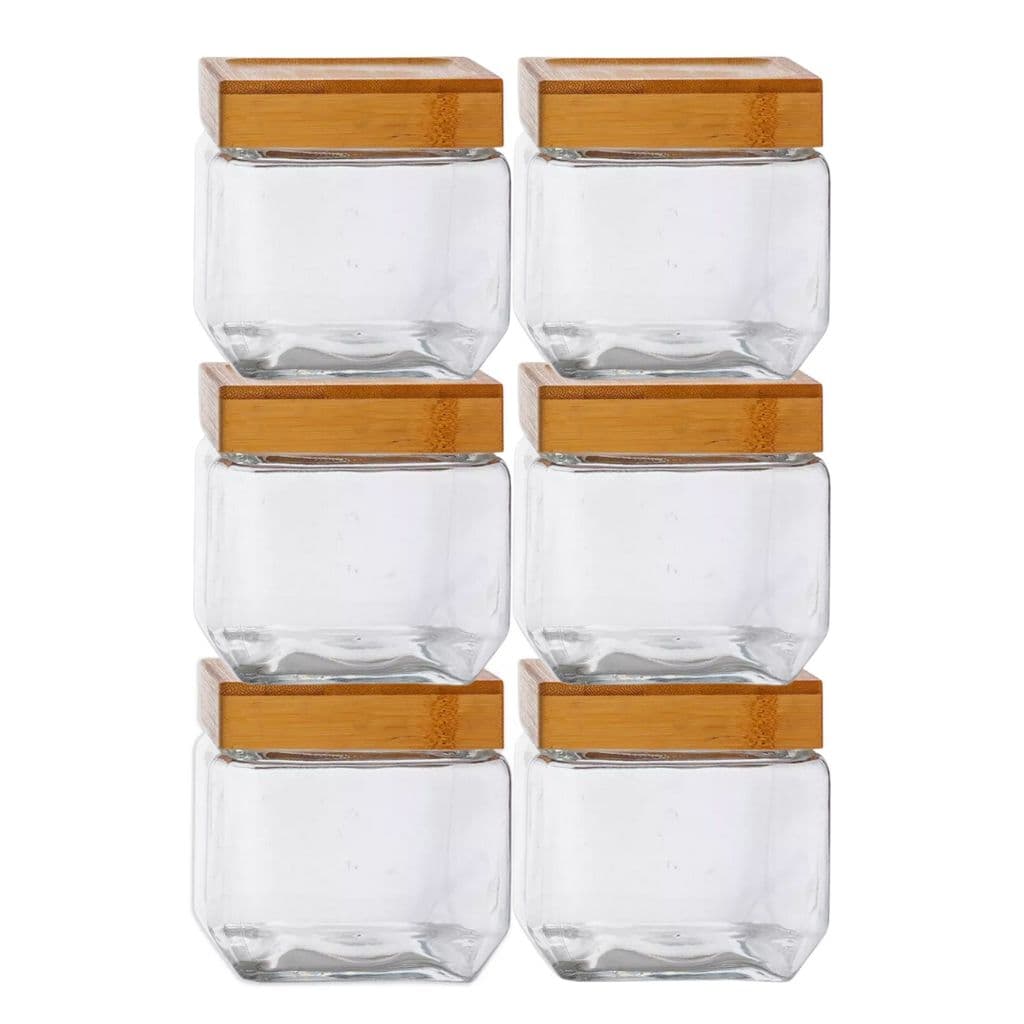 Kit 6 Pote Hermético Quadrado Tampa Bambu Design Sofisticado Mantimentos Multiuso 880ml