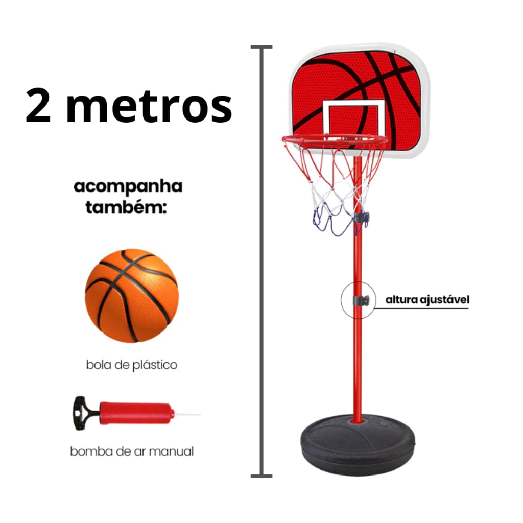 Cesta de Basquete Infantil Tabela Ajustável Até 2m com Bola Bomba Rede