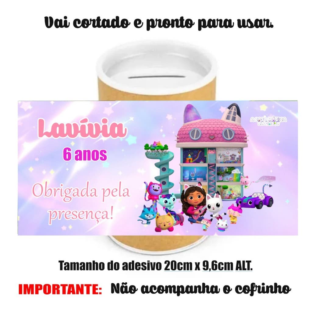 20 a 50 - Rótulo Adesivo para personalizar cofrinho Casa Mágica da Gabby