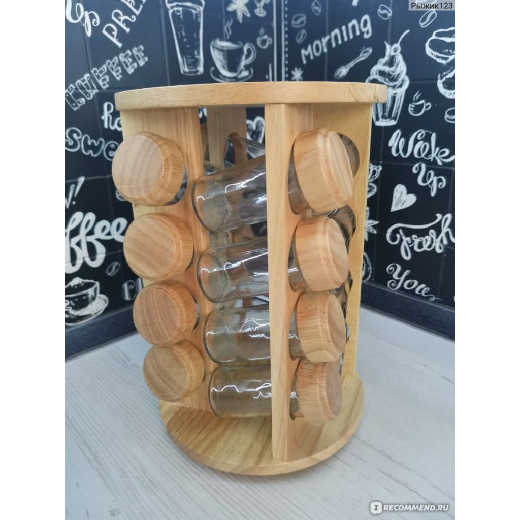 Porta Temperos Bambu Giratório Redondo com 16 Potes de Vidro com Tampa de Bambu  Organizador C Tempero Do Chfe