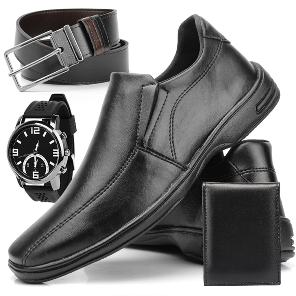 Kit Sapato Social Masculino Casual Confort Com Cinto Carteira + Relógio