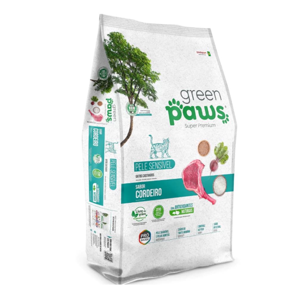 Ração Green Paws Super Premium  - Gatos Castrados - Pele Sensível - Sabor Cordeiro 1,5kg