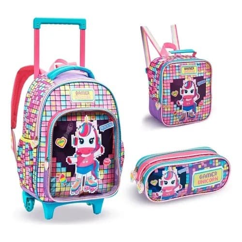 Kit Mochila Escolar Rodinhas Estojo Lancheira Infantil Menina Color.
